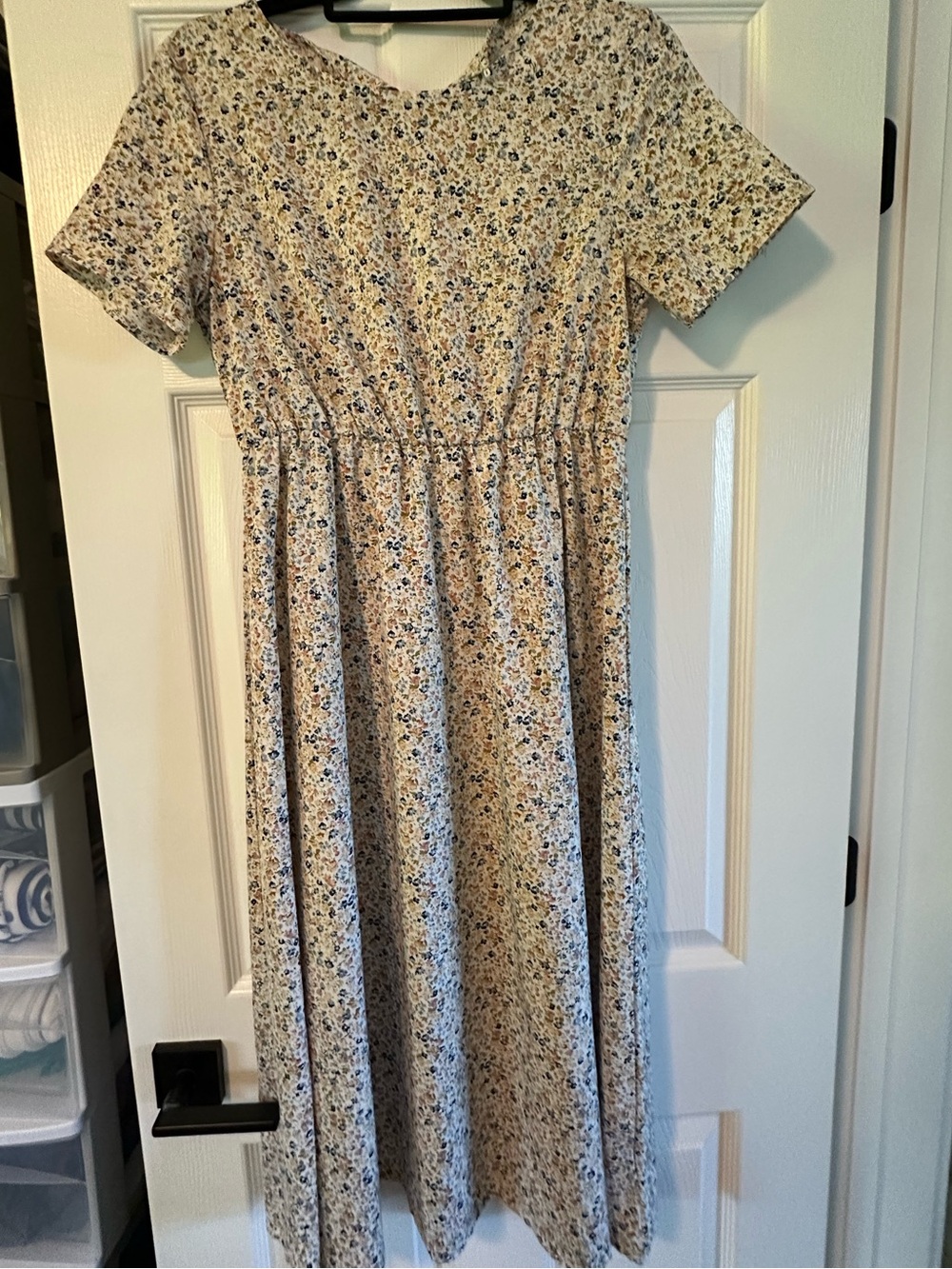 SHEIN Cream Floral Midi Dress with Blue and Brown Accents